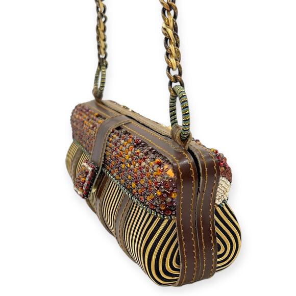 Mary Frances Vintage Beaded Baguette Hard Shell Shoulder Handbag Brown Gold Tan - Picture 7 of 14